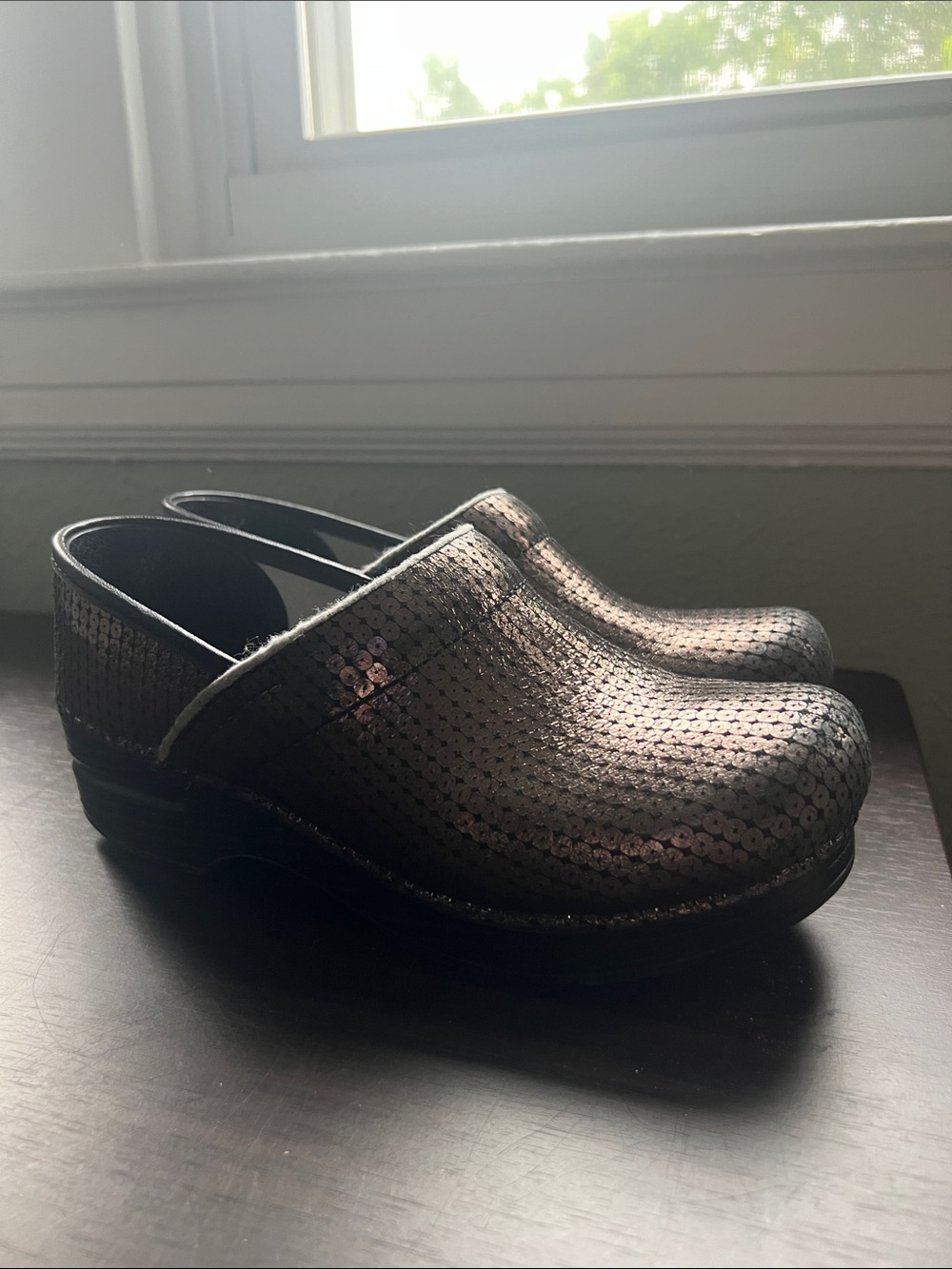Dansko Metallic Black Sequin Slip-On Clogs size 37
